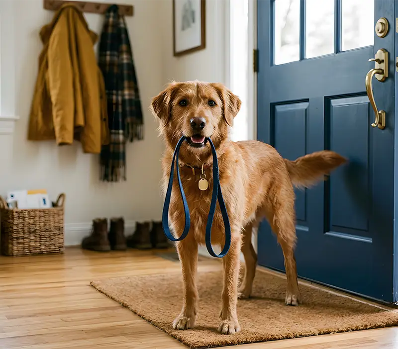 Dog at door with leash